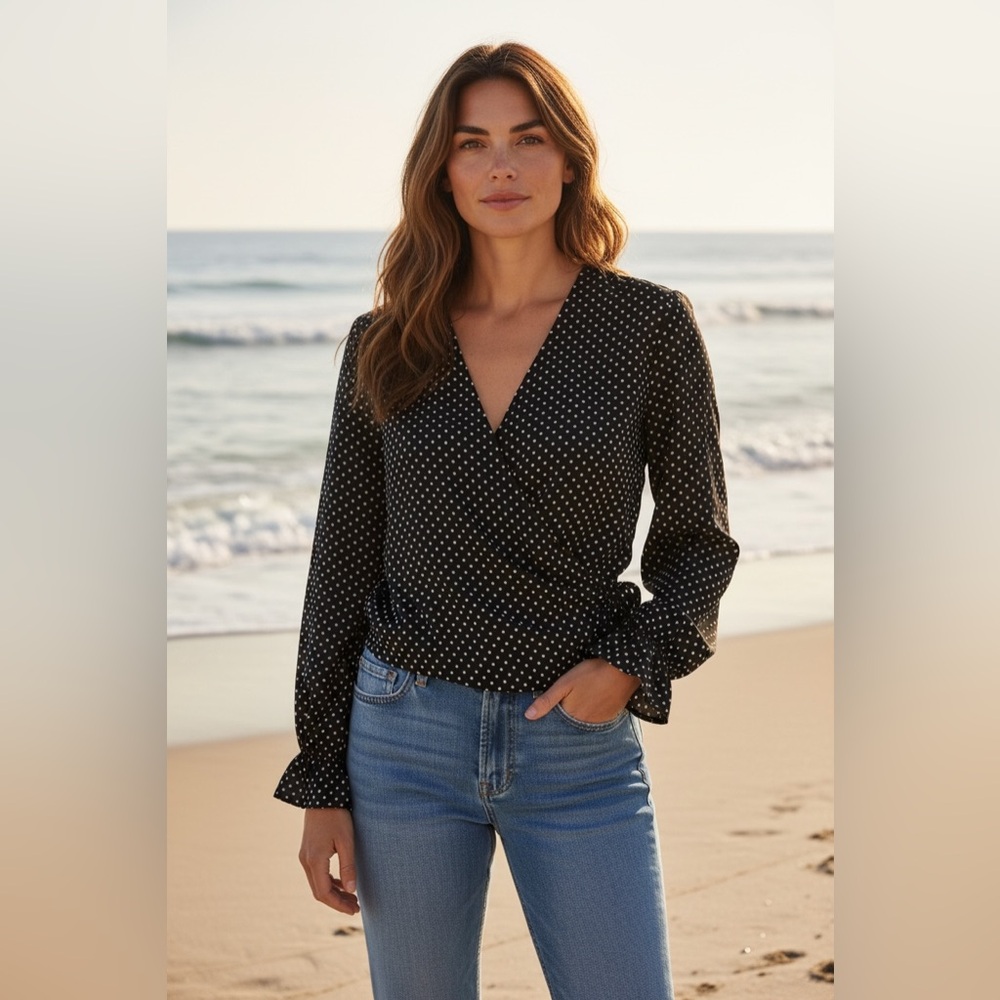 Adrianna Papell long sleeve wrap front blouse in black and white.